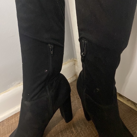 BLACK SUEDE OVER THE KNEE PEEP TOE BOOTS WITH CHUNKY HEEL SZ 7.5 - Picture 10 of 12